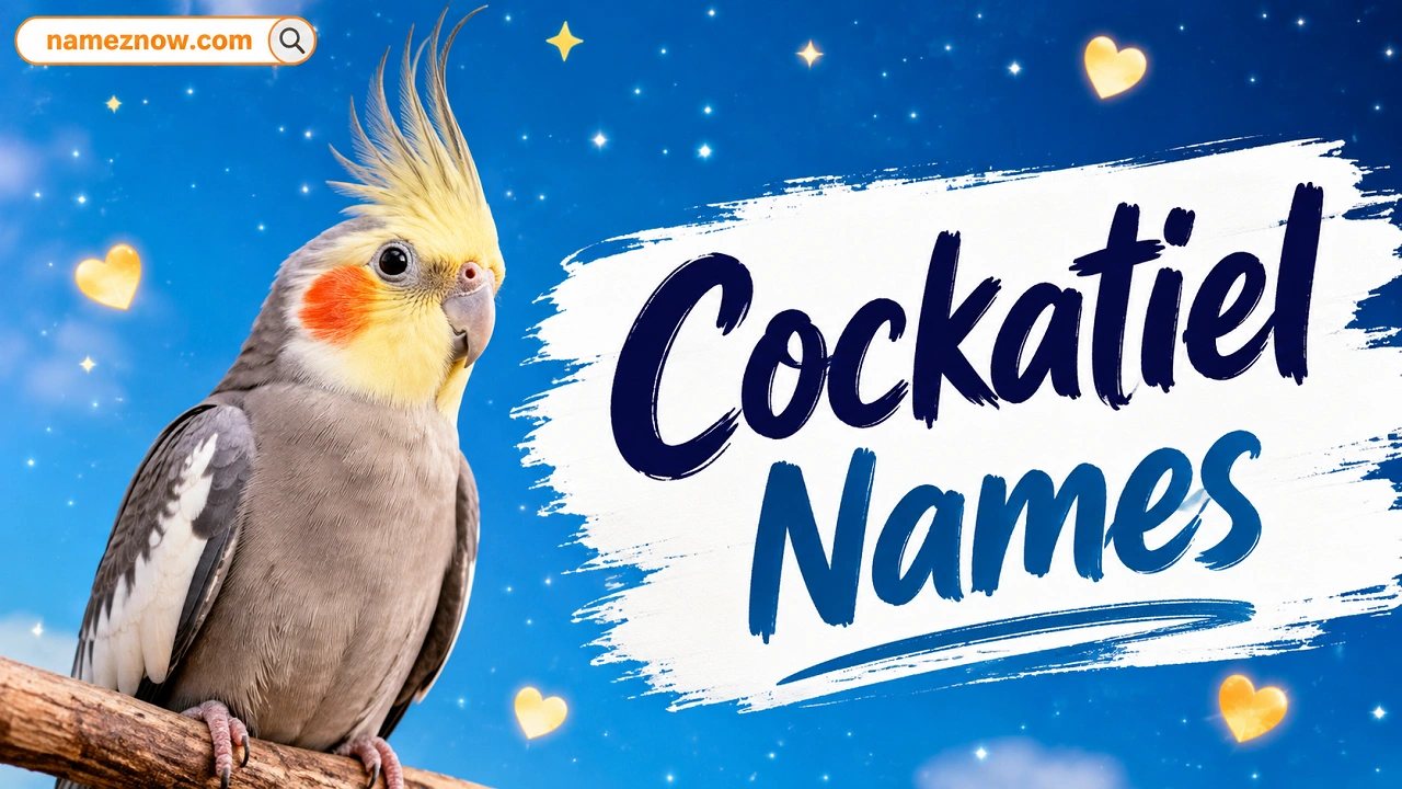 Create a professional, eye-catching blog thumbnail for the article . Display the main headline at the right side well highlighted Cockatiel Names " in large, bold, modern typography that is easy to read. The text should be well adjusted.Background should by starry sky blue with little heart bright icons.main word of the text should be bold dark navy brush-style lettering on a white paint-stroke background Add the website branding bold text "nameznow.com" in a small, clean bold font of orange colorat the upper-left corner on search stylish bar icon. Use premium, ultra-realistic visuals that accurately represent the above given . Include high-quality, realistic objects, textures, backgrounds, and subtle supporting elements directly related to the article without making the design look cluttered. Ensure the visuals instantly communicate the subject of the article. Also present the realistic image cockatiel’ Keep the composition clean and modern with the main visual on one side and the headline on the other for maximum readability. Use vibrant yet natural colors, soft cinematic or golden-hour lighting, realistic shadows, ultra-detailed textures, and sharp focus. Create the image in an editorial photography style with premium 8K quality, landscape 16:9 aspect ratio, highly clickable, SEO-friendly, professional blog thumbnail, minimal composition, balanced spacing, and excellent text contrast. No people unless the topic specifically requires them. No watermark, no extra logos, no icons unrelated to the topic, and no text other than the article title and the website branding.